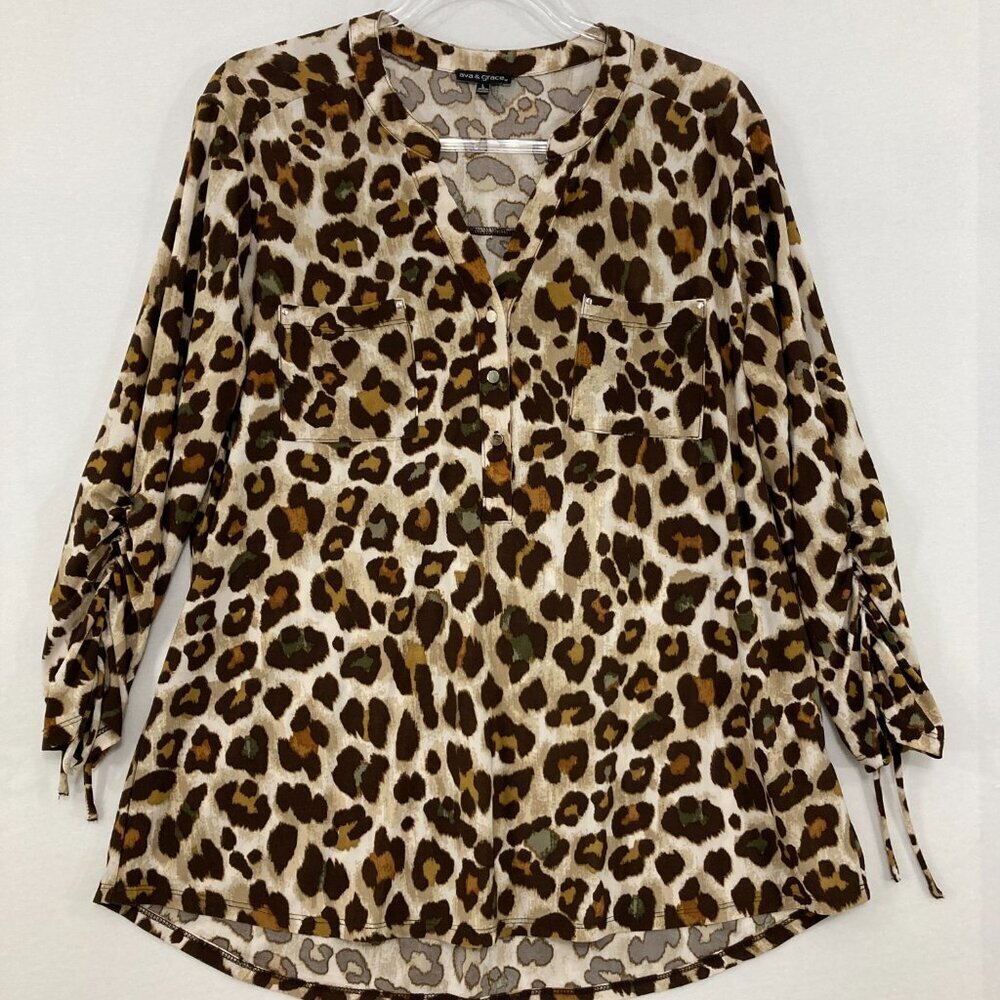 Ava & Grace Large Brown Leopard Print Ruched Side Stretch Knit Popover Blouse